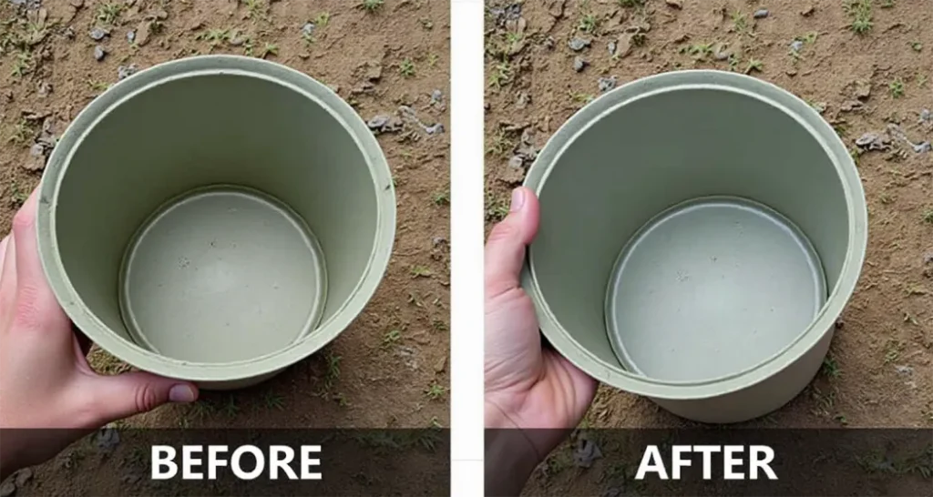 Before-and-after image of a container cleaned in a camping environment