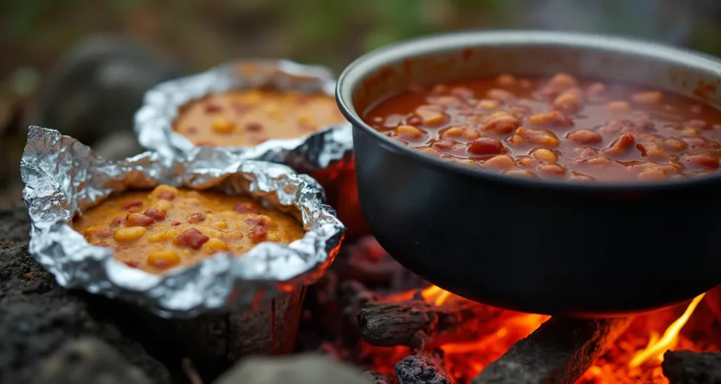 Make-ahead camping dinners like foil packet meals and chili warming over a campfire