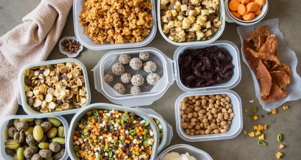 Assortment of make-ahead camping snacks including trail mix, energy bites, and homemade jerky