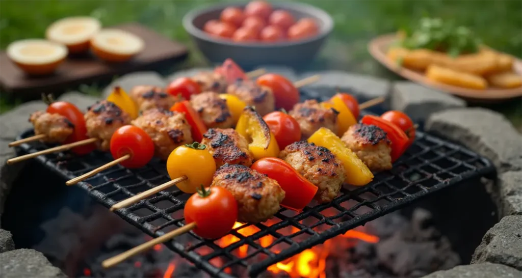 Easy Camping Meals :Marinated chicken skewers with colorful vegetables cooking over a campfire