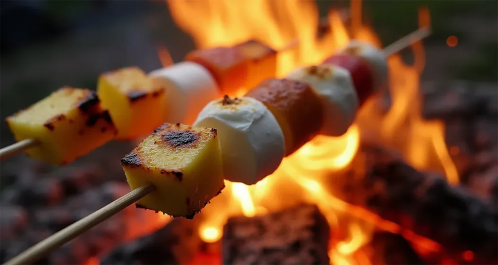 Marshmallows and pineapple chunks on skewers being roasted over a fire