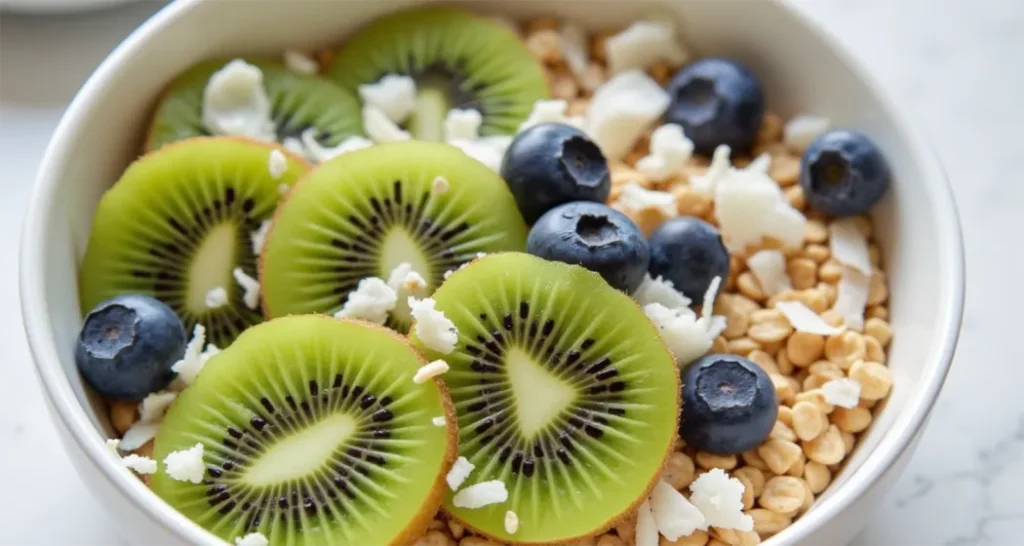 Matcha green tea overnight oats with kiwi, coconut, and blueberries