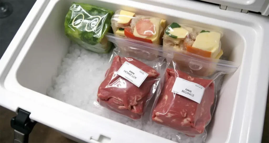 Step-by-step cooler layering diagram (ice at the bottom, meats in sealed bags, perishables on top