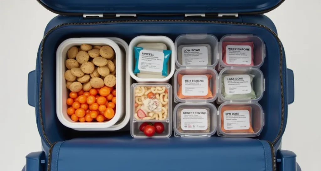 Well-organized cooler with labeled meal containers and ice packs for camping