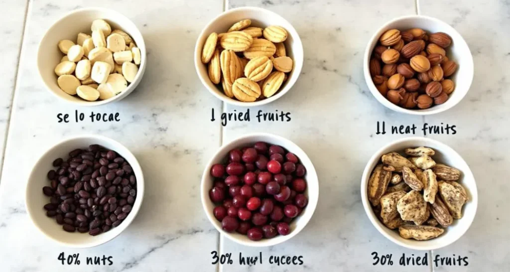 Measured trail mix ingredients in separate bowls, labeled by proportions