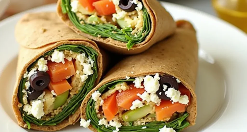 Mediterranean-style No-Cook Hummus and Veggie Wrap with feta and olives