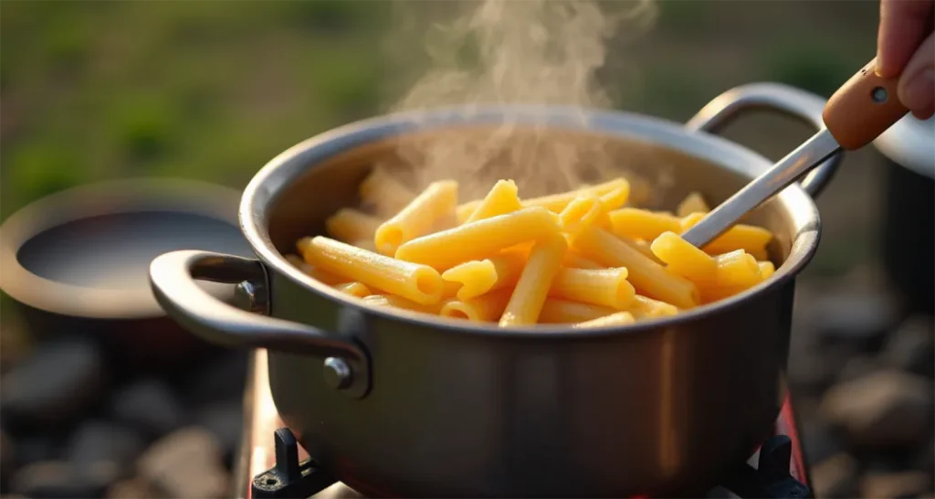 A pot on a camp stove, boiling pasta