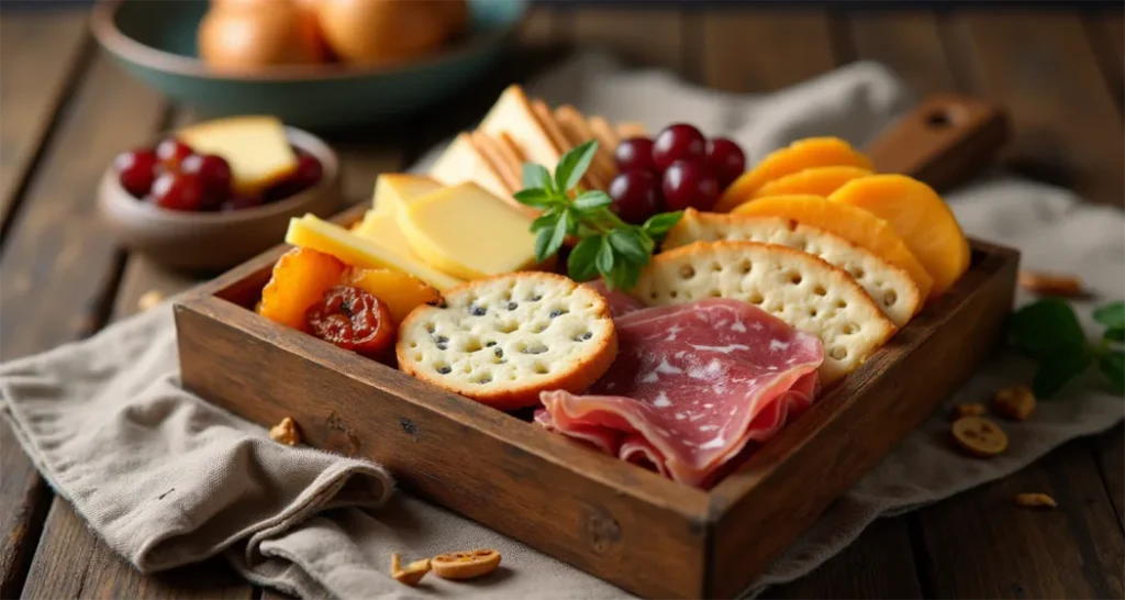 A high-resolution photo of a mini charcuterie box featuring sliced cheeses, meats, crackers, and dried fruits, styled against a rustic backdrop.