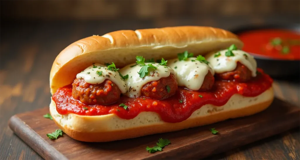 Mini meatball sub with marinara sauce and melted mozzarella, perfect for a handheld meal