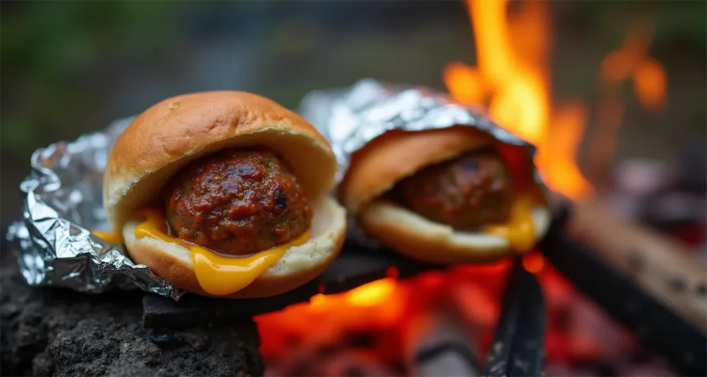 Mini meatball subs wrapped in foil heating over a campfire with cheese melting inside