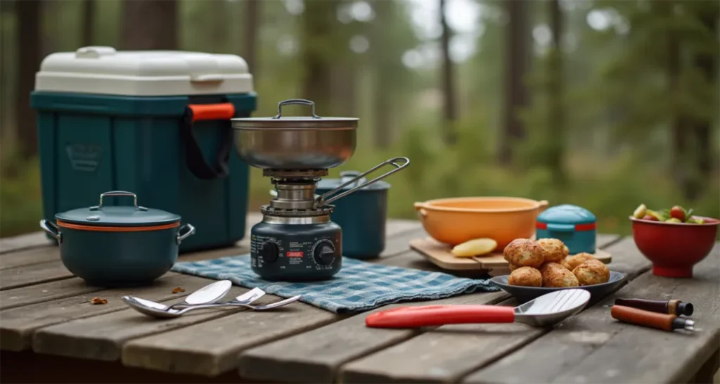 Essential camping cooking gear, including a portable stove, cooler, and utensils