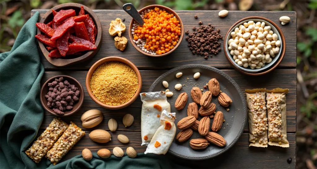 Flat-lay image of high-protein camping foods, including jerky, nuts, quinoa, and protein bars on a rustic wooden table