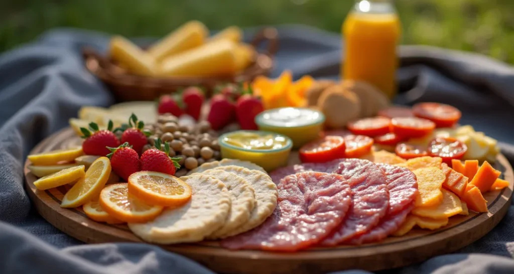 snack box with cheese, crackers, and fresh vegetables, perfect for quick outdoor meals