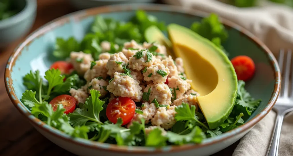 Avocado and tuna salad in a bowl with greens, ready to eat