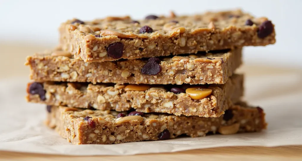 Homemade energy bars packed with oats, nuts, and dried fruit, perfect for camping