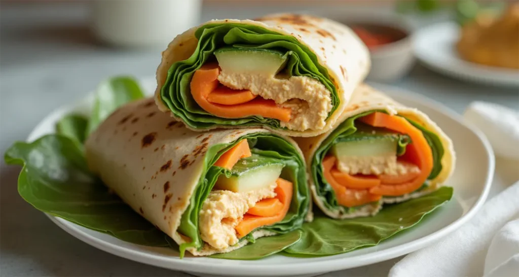 Easy Camping Meals :Hummus and veggie wrap filled with fresh cucumbers, carrots, and spinach, ready for a quick meal