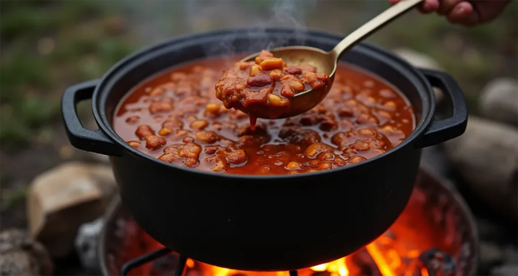 One-pot chili with ground beef, beans, and tomatoes, topped with shredded cheese and sour cream