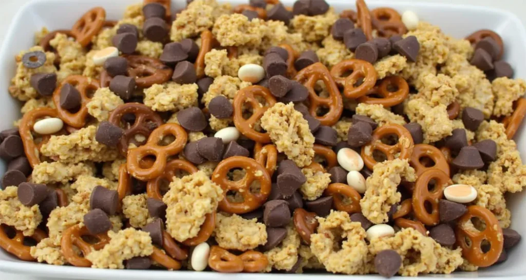 Trail mix with added chocolate chips, pretzels, and granola clusters