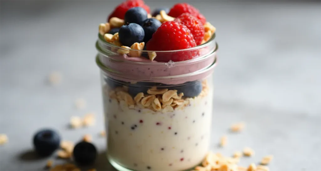 Easy Camping Meals : : Overnight oats in a jar topped with blueberries, strawberries, and almonds