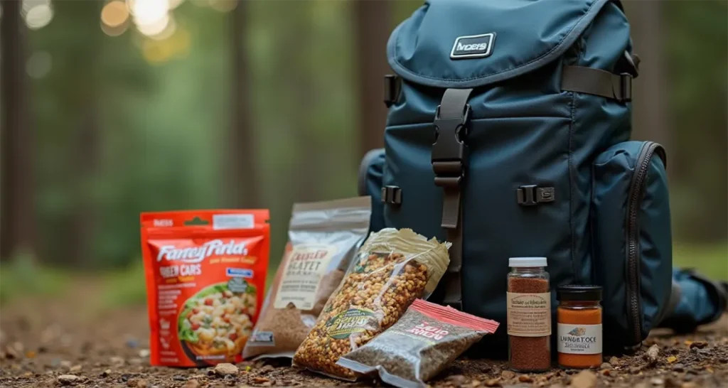 A lightweight camping backpack with compact food items (freeze-dried meals, protein bars, small spice containers) displayed next to it