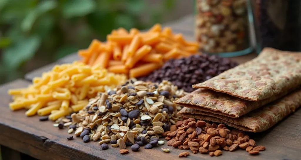 Non-perishable camping foods including canned beans, dried pasta, trail mix, and energy bars arranged on a wooden table