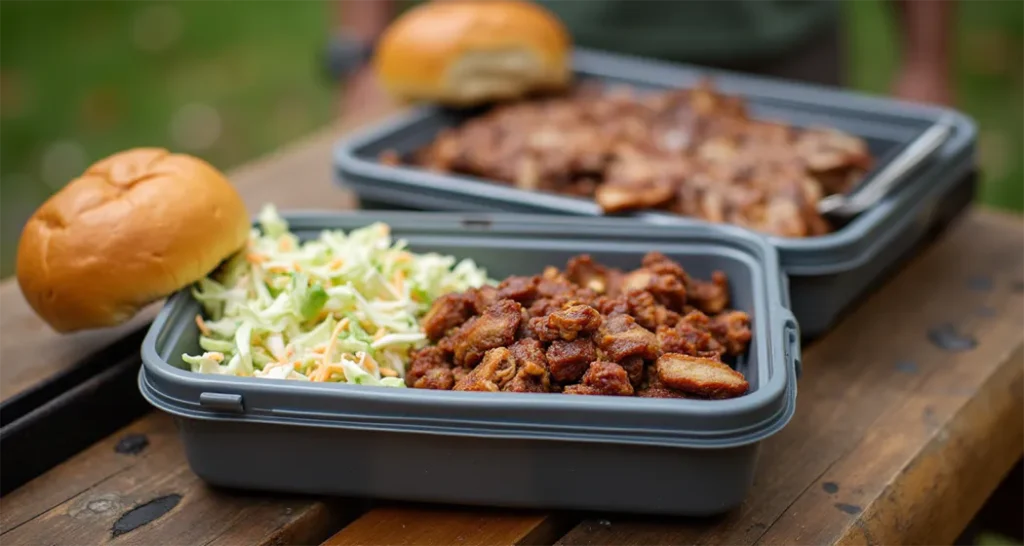 Packed pulled pork and coleslaw in airtight containers for a camping trip