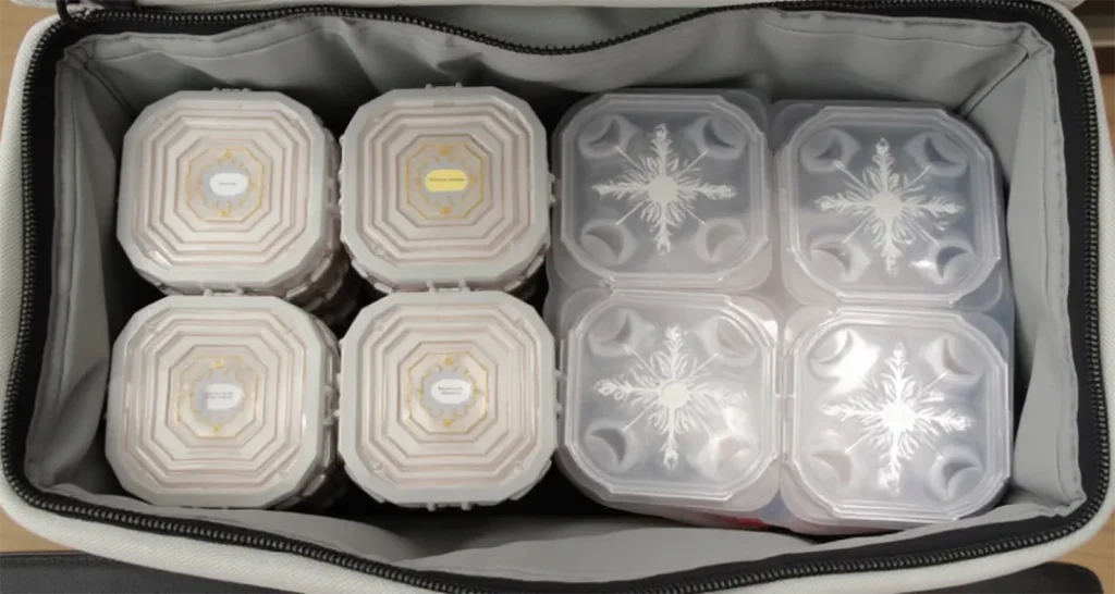 Snack boxes with labeled containers and frozen water bottles packed neatly inside an insulated cooler