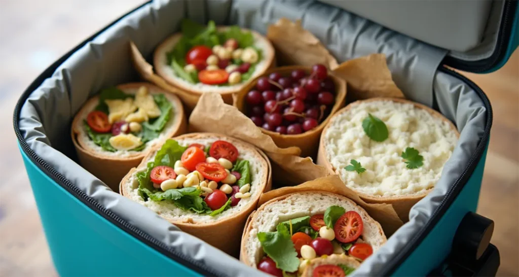 A neatly organized camping cooler with sandwiches and wraps in labeled, reusable containers