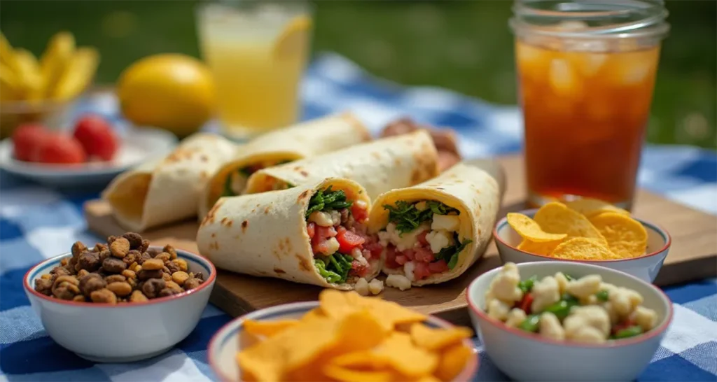 Camping meal with wraps, trail mix, fresh fruit, and lemonade on a picnic table