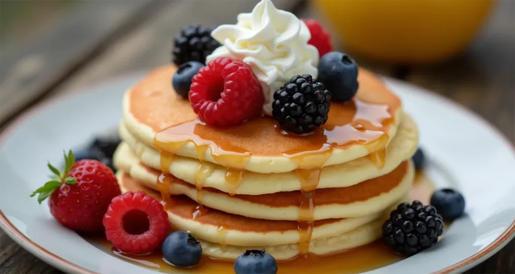 Golden pancakes cooked on a griddle, topped with syrup, blueberries, and whipped cream