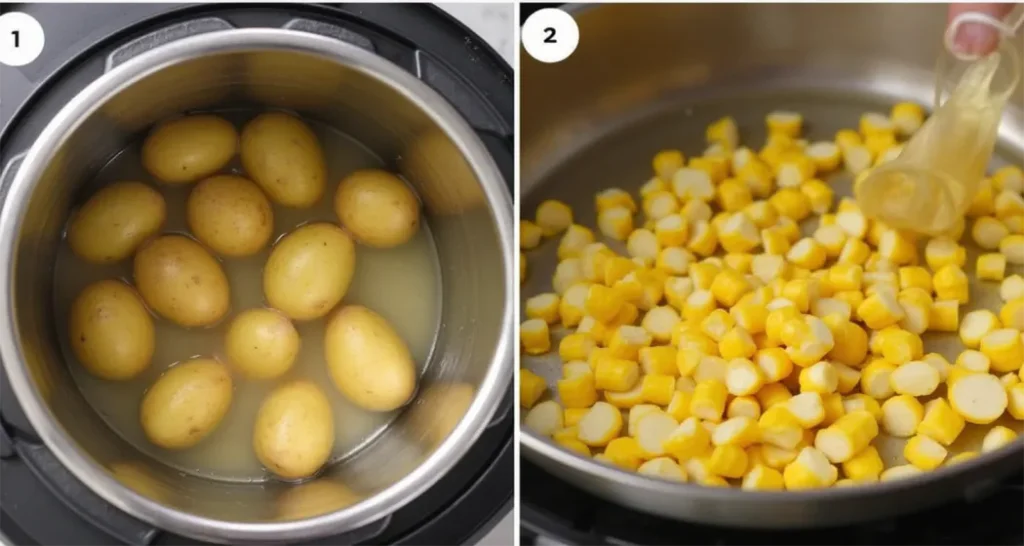 Baby potatoes boiling in salted water and fresh corn being sliced into small cob pieces