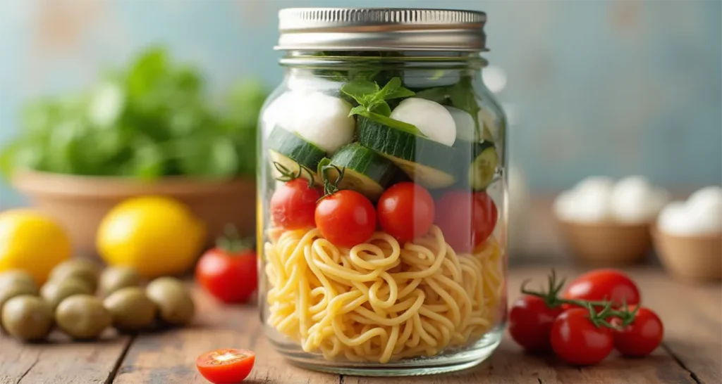 Italian pasta salad jar layered with pasta, tomatoes, cucumbers, olives, and mozzarella