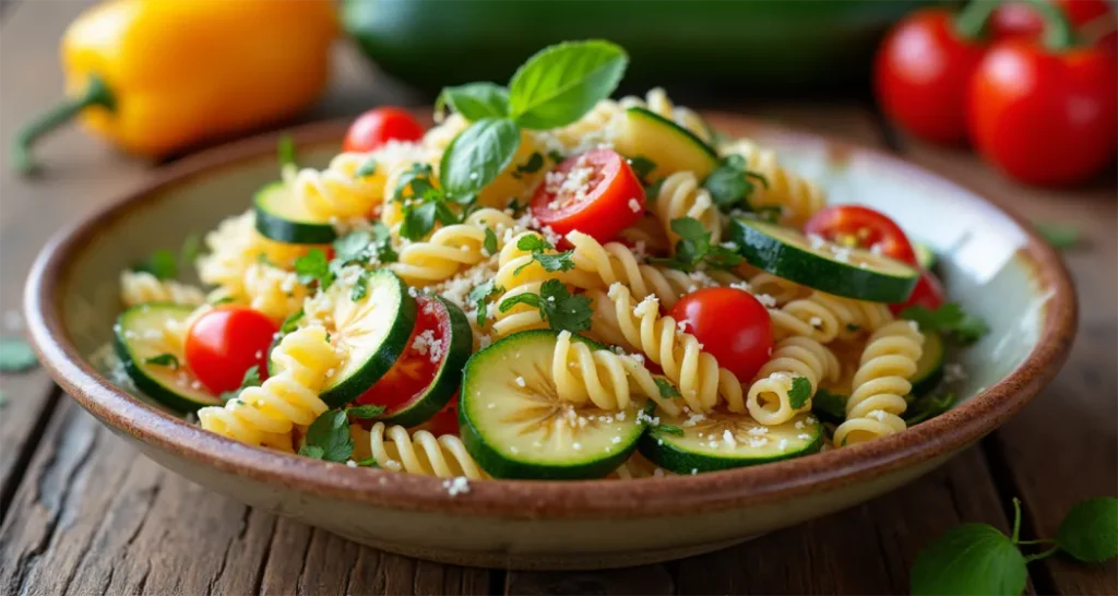 Easy Camping Meals : Pasta salad with grilled zucchini, cherry tomatoes, and Parmesan cheese