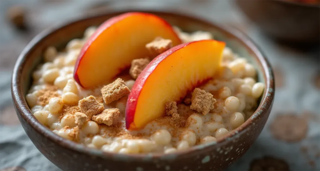 Warm oatmeal topped with fresh peaches, graham cracker crumbles, and cinnamon for a comforting camping breakfast