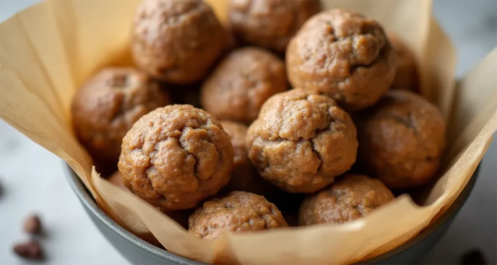 Close-up of finished peanut butter protein balls stored in a reusable container