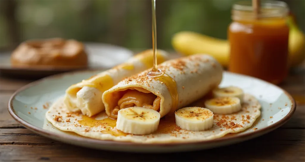 Peanut butter and banana roll-up sliced into bite-sized pieces for a quick snack