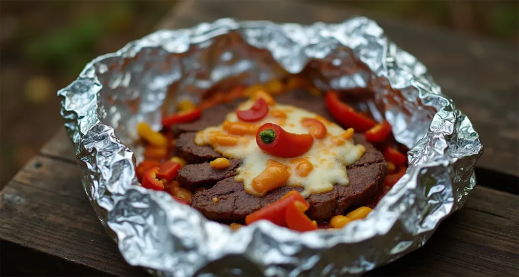 Philly cheesesteak foil pack with steak, cheese, and bell peppers