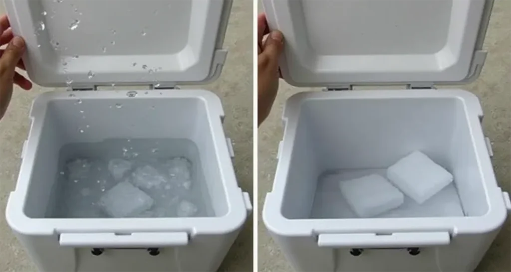 Camper draining melted water from a cooler while preserving ice