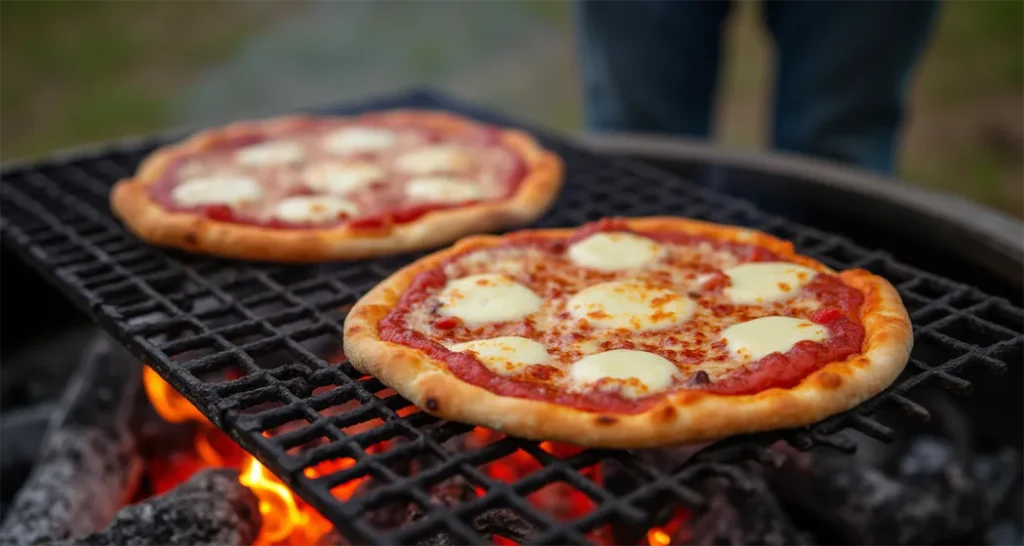 Pizzas grilling on a campfire grate with melted cheese bubbling