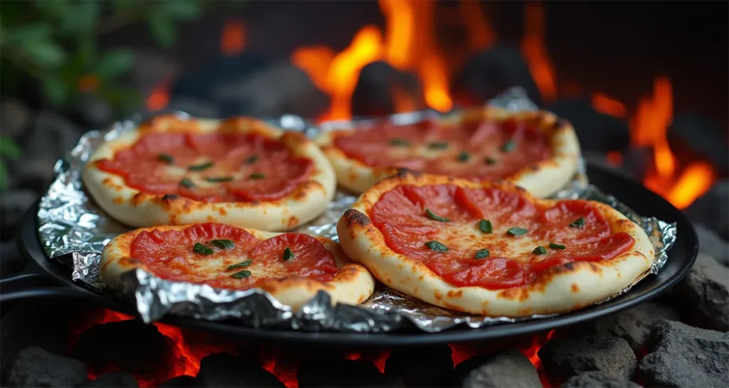 Mini pita pizzas wrapped in foil cooking on hot embers of a campfire