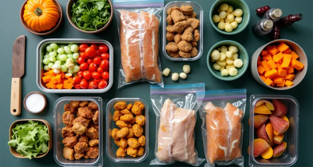 A vibrant, flat-lay photo of organized meal prep for a camping trip, showing pre-portioned ingredients like chopped vegetables, marinated proteins in sealed bags, and snacks arranged neatly in reusable containers