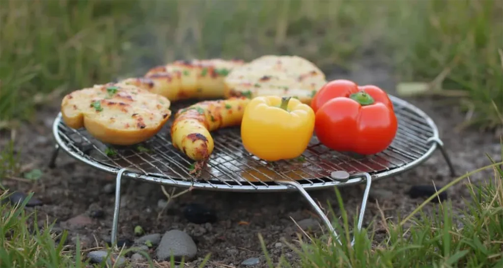 Show an actual grill with vegetables on it.