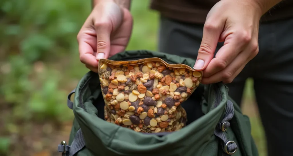 Trail mix stored in a resealable bag, packed into a hiker’s backpack