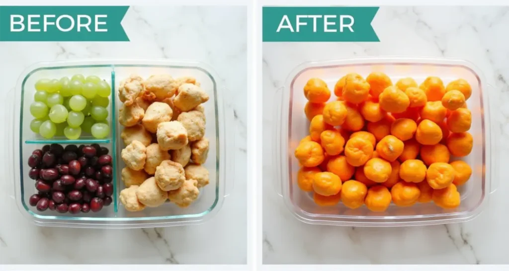 Before-and-after comparison of snacks packed poorly versus snacks packed efficiently for hiking