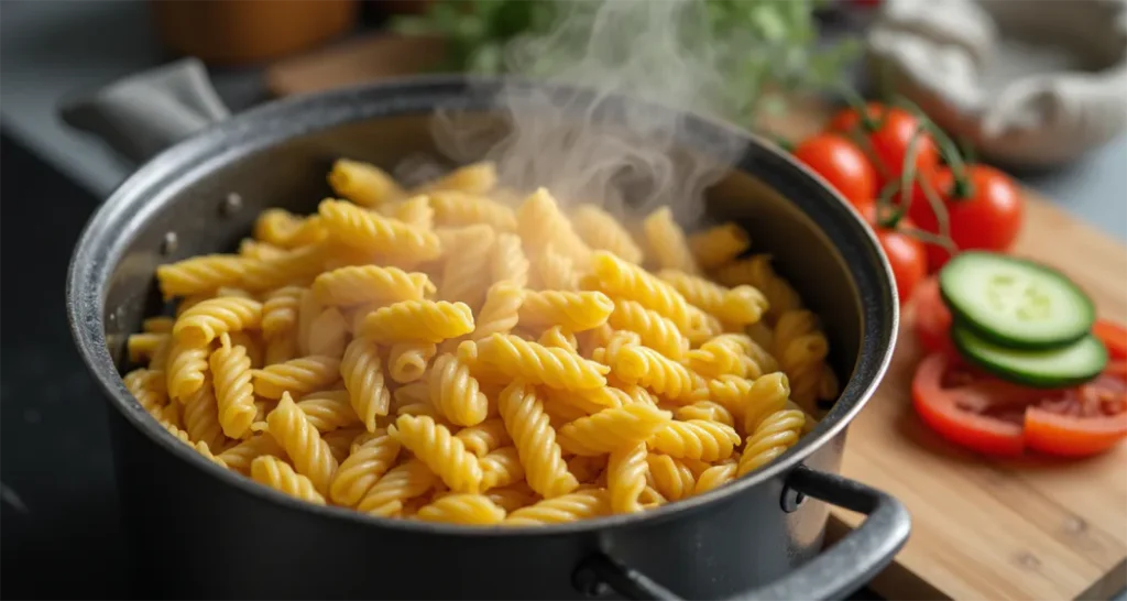 Boiling pasta in a pot with steam rising and sliced vegetables on a cutting board