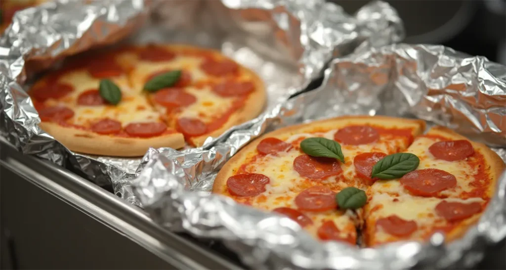 A close-up shot of neatly labeled foil-wrapped pizzas ready for a cooler