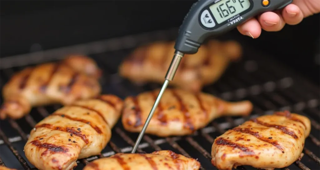 A portable food thermometer reading 165°F on a piece of cooked chicken at a campsite