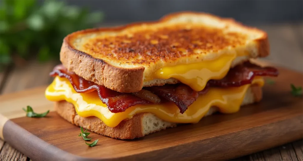 Grilled Cheese Sandwiches with Tomato Soup : Cheddar grilled cheese sandwich with bacon and caramelized onions on a wooden serving board