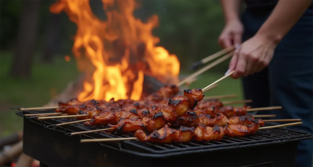 Camper flipping skewers on a portable grill over an open campfire