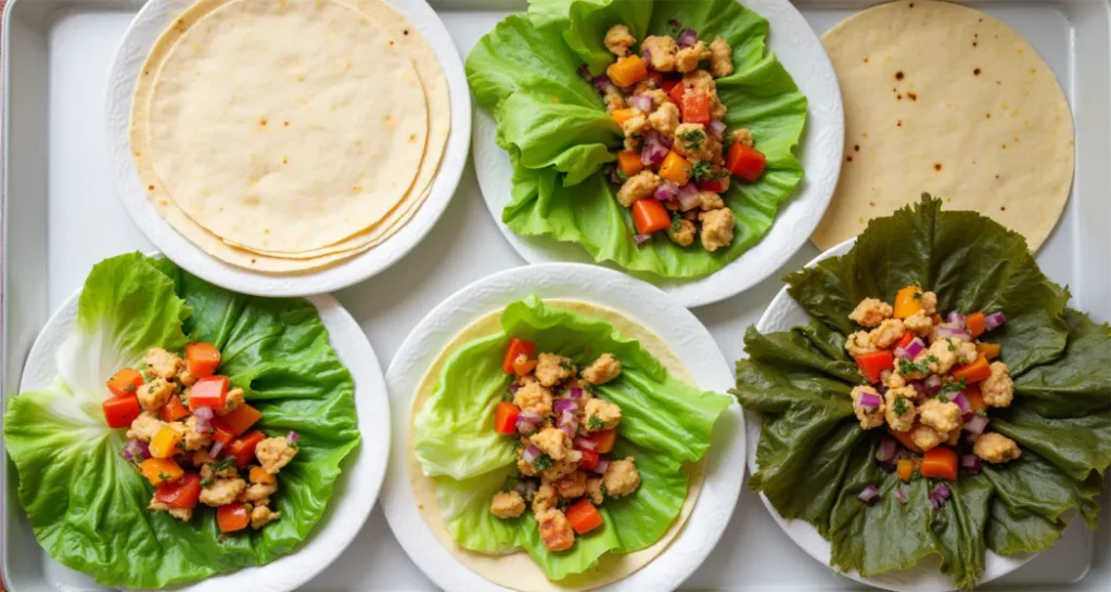 A selection of wrap bases, including tortillas, lettuce leaves, and nori sheets, displayed with filling ingredients